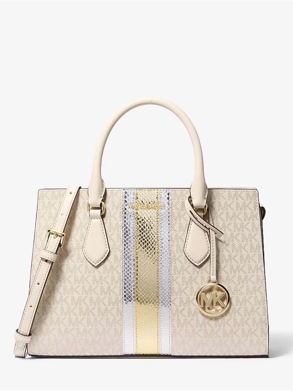 Michael Kors Sheila Signature Logo Pale Gold and Silver Metallic Satchel New